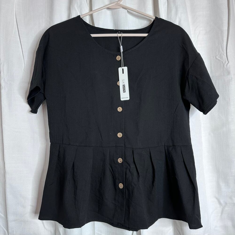 LAISHEN NWT Woman's Black Short Sleeve Button Down Peplum Blouse Size Small